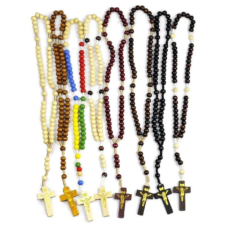 Wholesale Natural Wood Cross Rosary Braided 8mm Wooden Beads Necklace