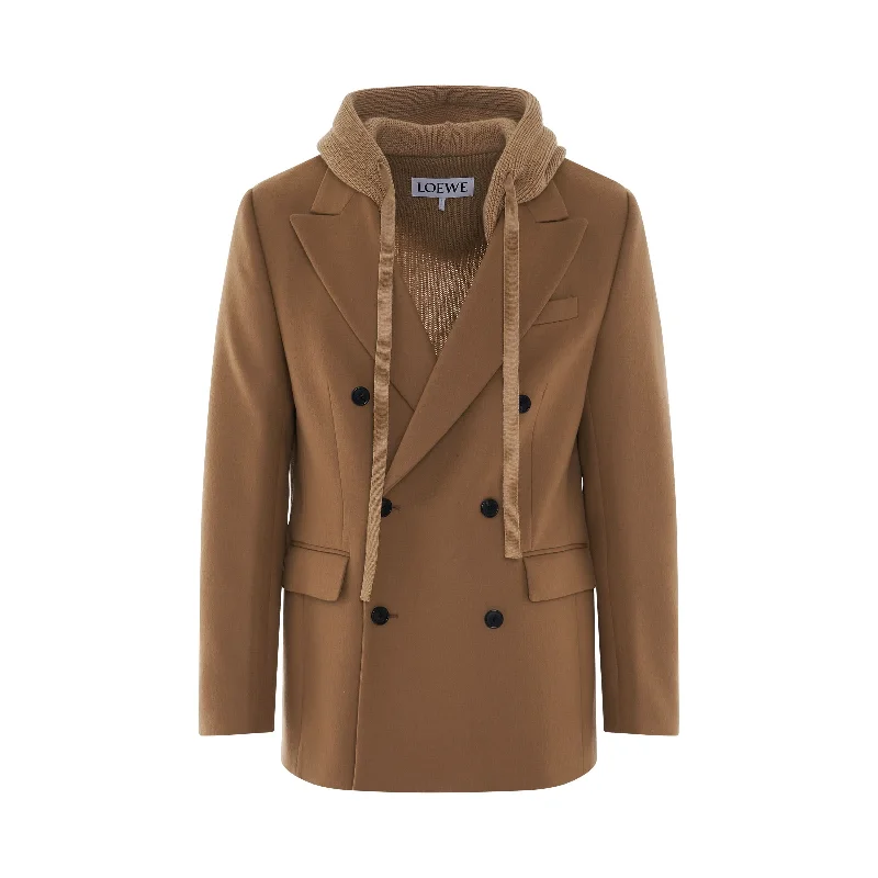 Double Breasted Hooded Jacket in Camel