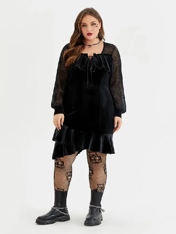 Halloween Spider Web Mesh Velvet Ruffle Hem Dress