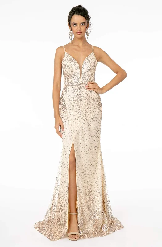 Elizabeth K - GL1844 Illusion Deep V-Neck Glitter Mesh High Slit Gown