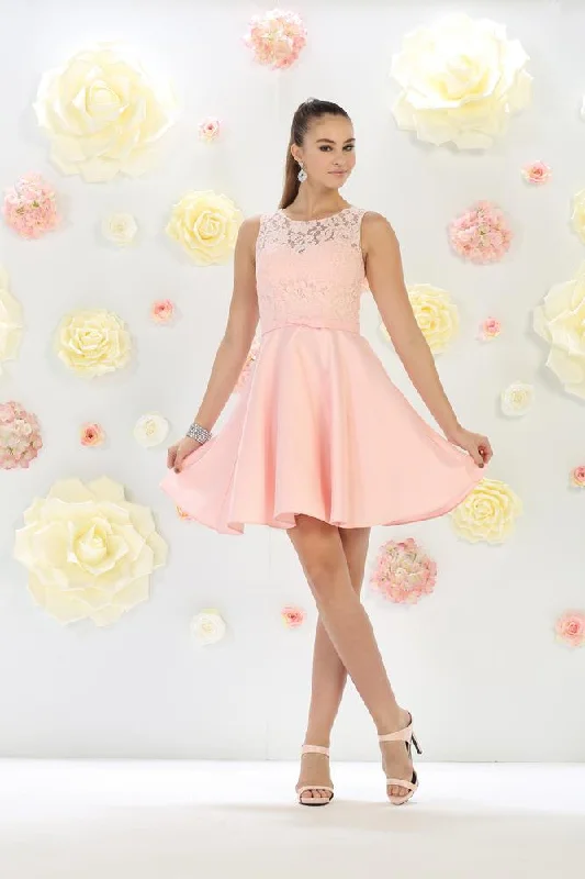 May Queen - MQ1422 Sleeveless Lace Top Floral Waist Bow Cocktail Dress