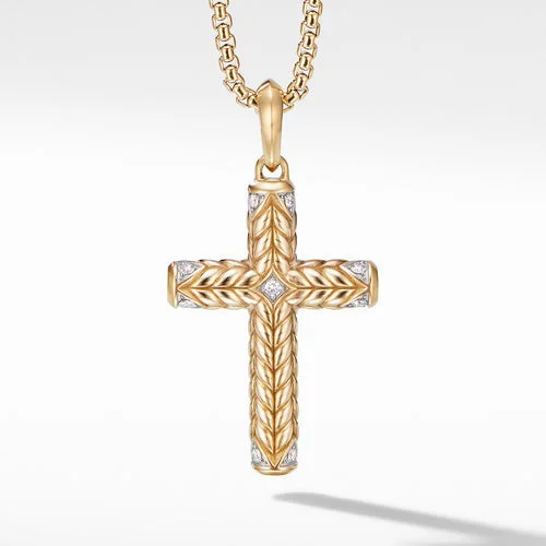 Chevron Sculpted Cross Pendant in 18K Yellow Gold with Pavé Diamonds