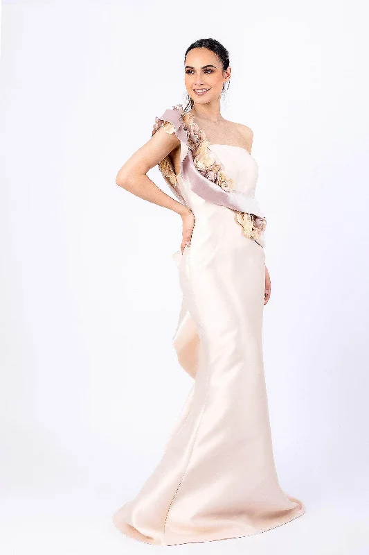 Terani Couture - 2011E2424 One Shoulder Floral Ruffle Trimmed Gown