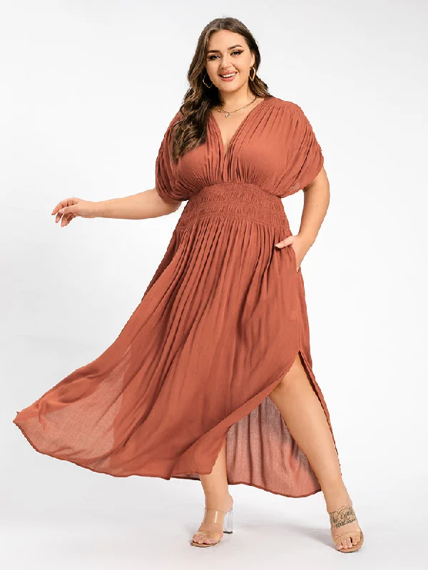 V-Neck Batwing Sleeve Pocket Ruched Waist Maxi Dress