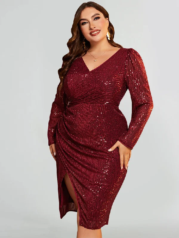 Sequin V Neck Split Wrap Dress