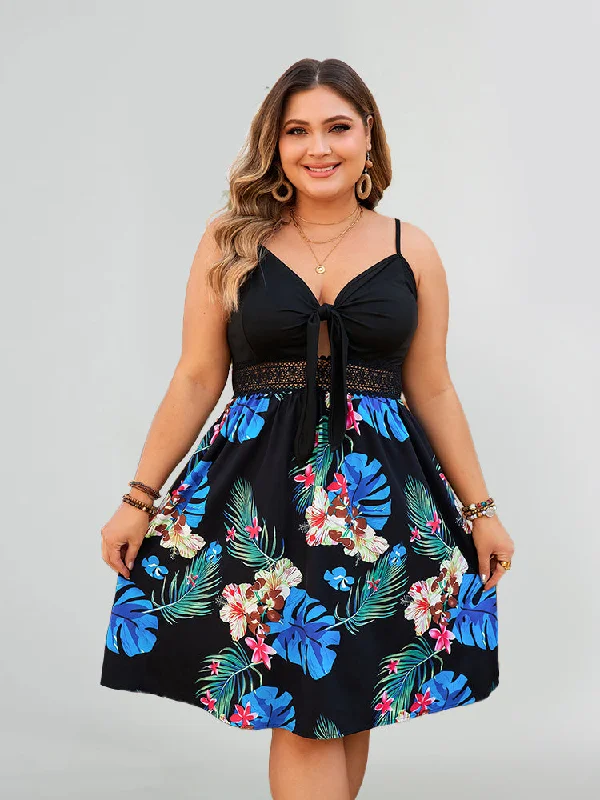 Floral Print Lace Patchwork V-Neck Cami Dress