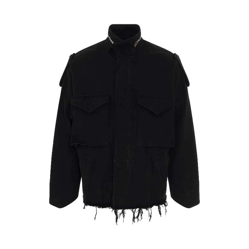 Silk Twill Military Jacket in Black