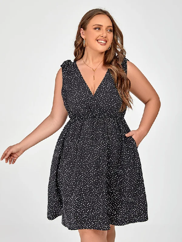 Plus Black Polka Dot V Neck Elastic Waist Dress