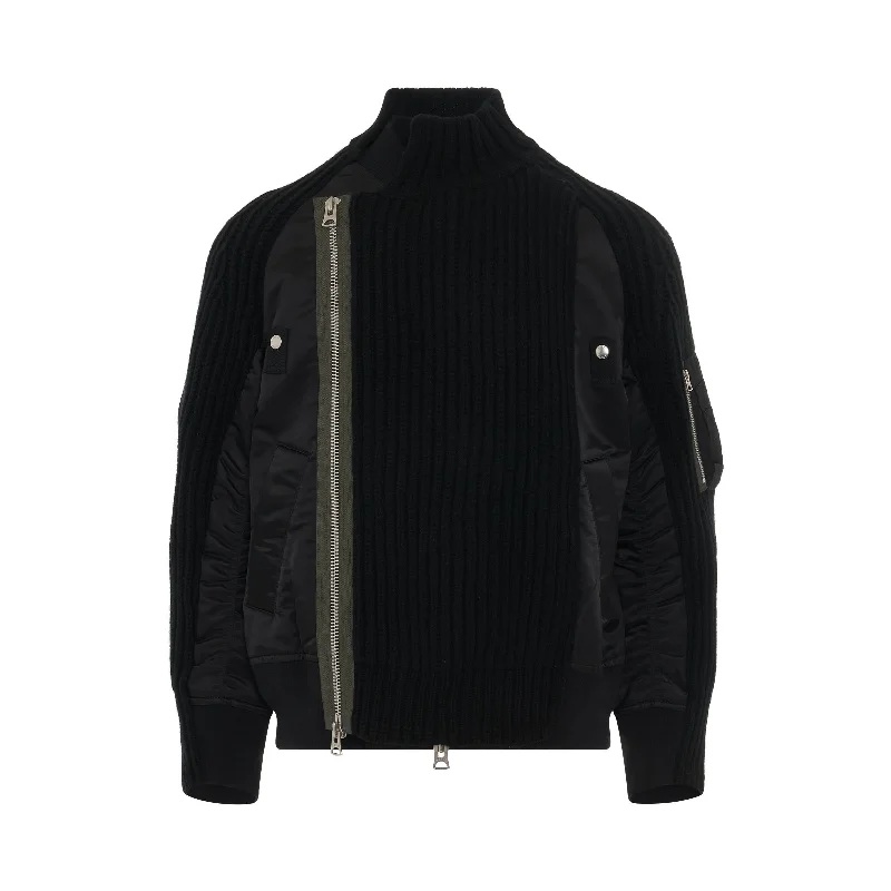 Nylon Twill Mix Knit Bomber Jacket in Black