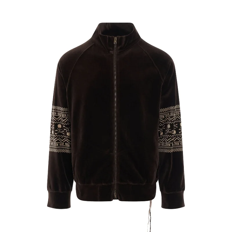 Tribal Skull Velour Track Jacket in Brown