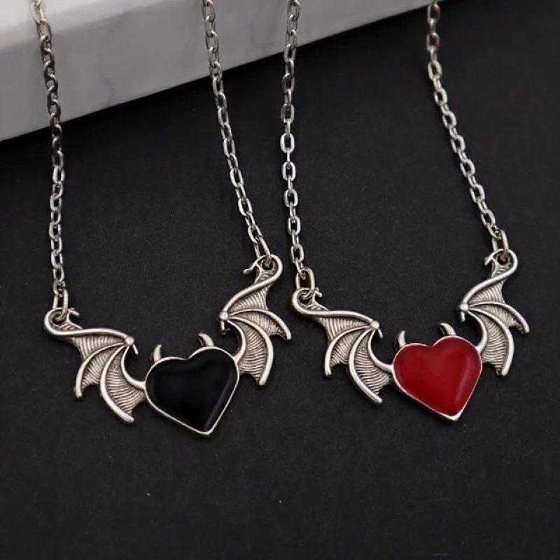 Wholesale Drop Oil Peach Heart Devil Wings Pendant Alloy Necklaces