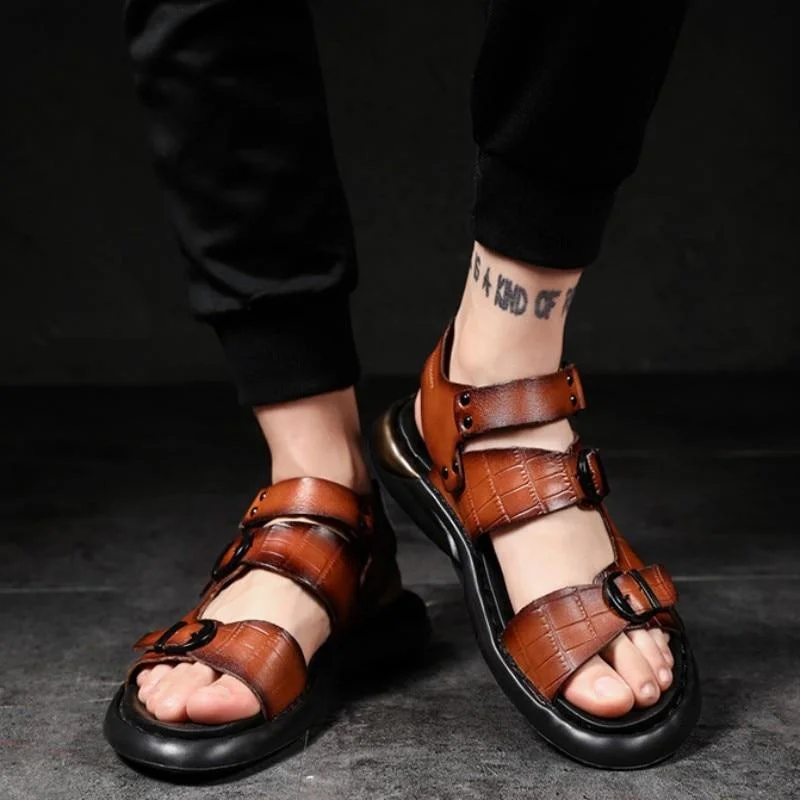 Men's Genuine Leather Casual Sandals with Soft Sole and Platform for Summer