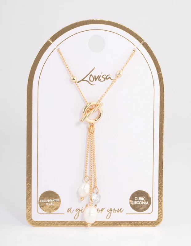 Gold Freshwater Pearl T&O Station Necklace