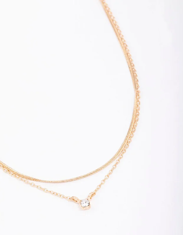 Gold Double Diamante & Snake Chain Layered Necklace