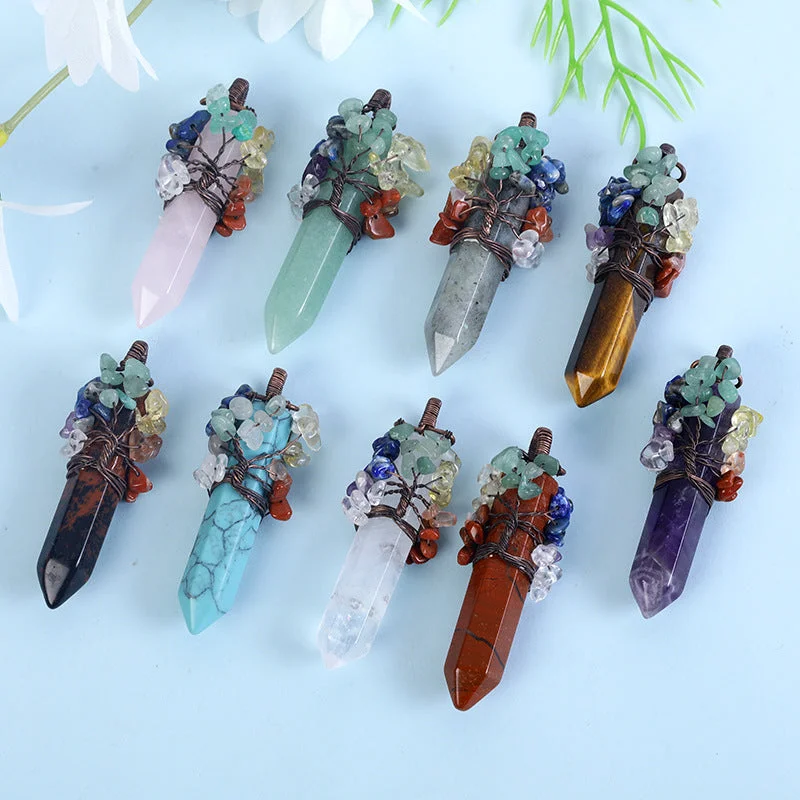 Wholesale Crystal Raw Stone Hexagonal Column Wrapped Copper Wire Tree of Life Colorful Gravel Pendant Necklaces