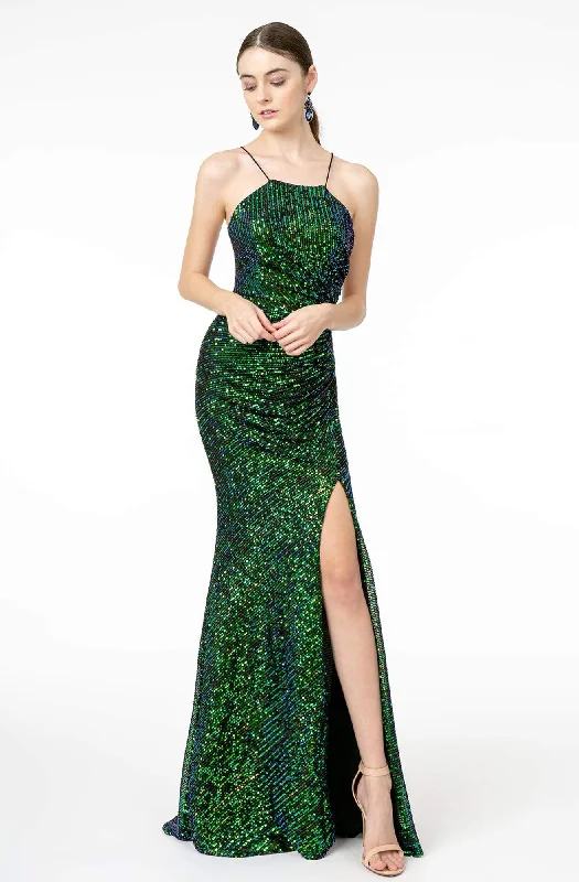 Elizabeth K - GL1812 Sequined Halter Trumpet Dress With Train