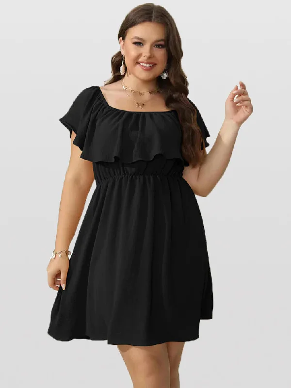 Plus Plain Off Shoulder Ruffle Elastic Waist Dress