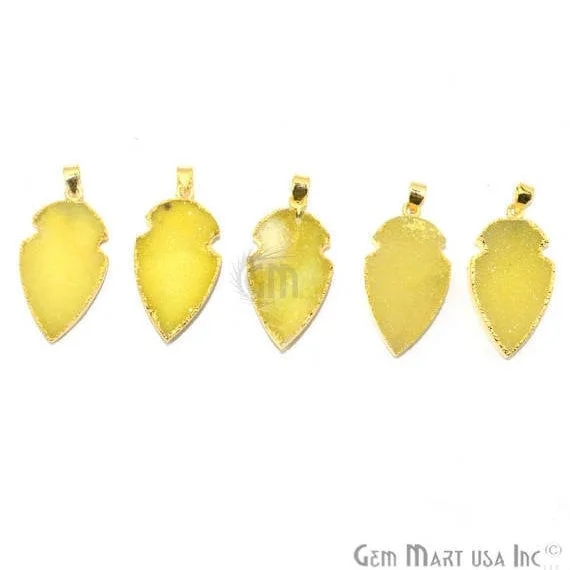 Light Lemon Druzy Arrow Heads Pendant, 29x15mm Electroplated Gold Edged Arrow Heads Pendant (AHDZ-50024)