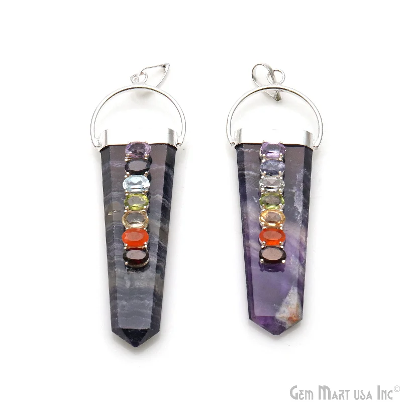 Amethyst Flat Point Pendant 69x23mm Silver Plated With 7 Chakra Uncut Beads