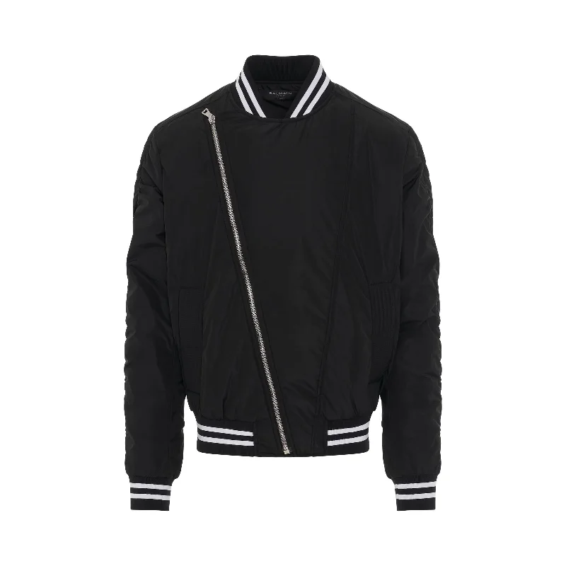 Nylon Diagonal Zip Bomber Jacket in Black/White