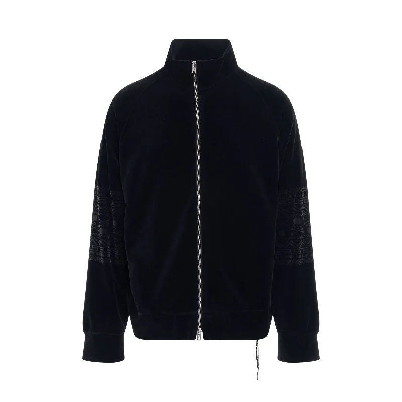 Tribal Skull Velour Track Jacket in Black