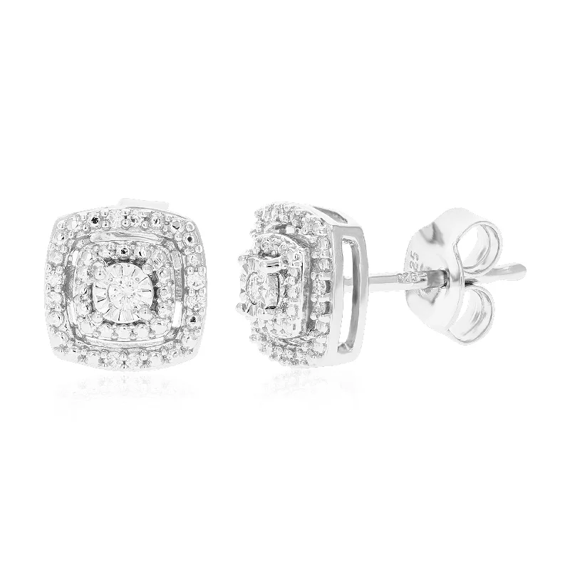 1/10 cttw 18 Stones Round Lab Grown Diamond Studs Earrings .925 Sterling Silver Prong Set 1/3 Inch