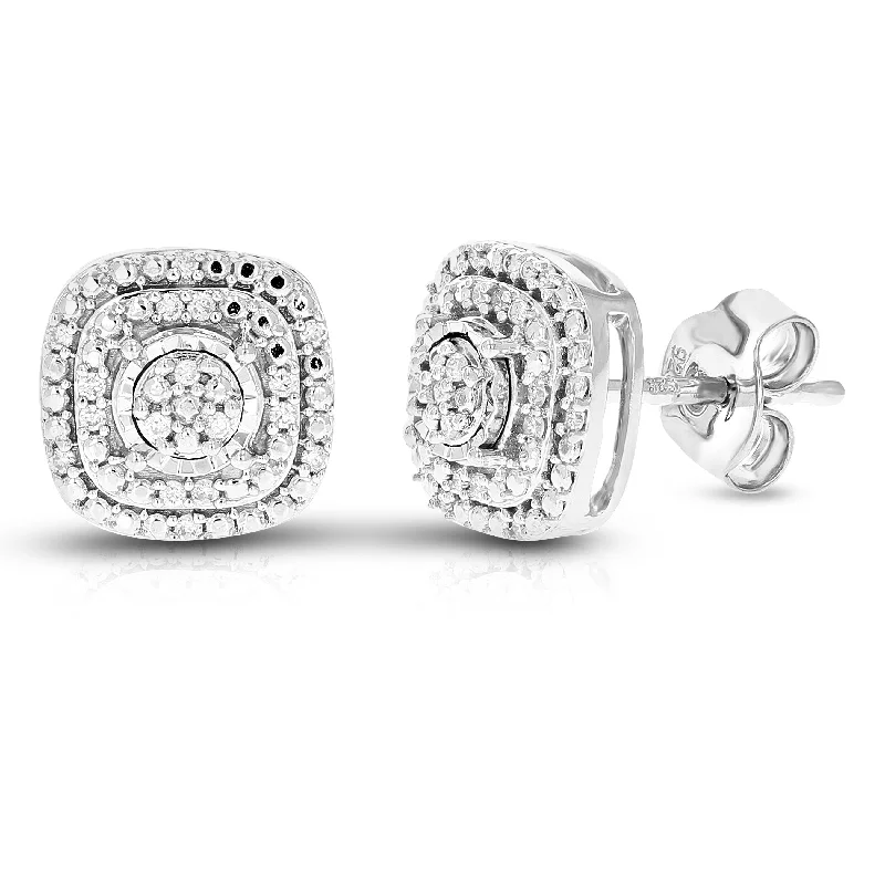 1/10 cttw 34 Stones Round Lab Grown Diamond Studs Earrings .925 Sterling Silver Prong Set Square Shape