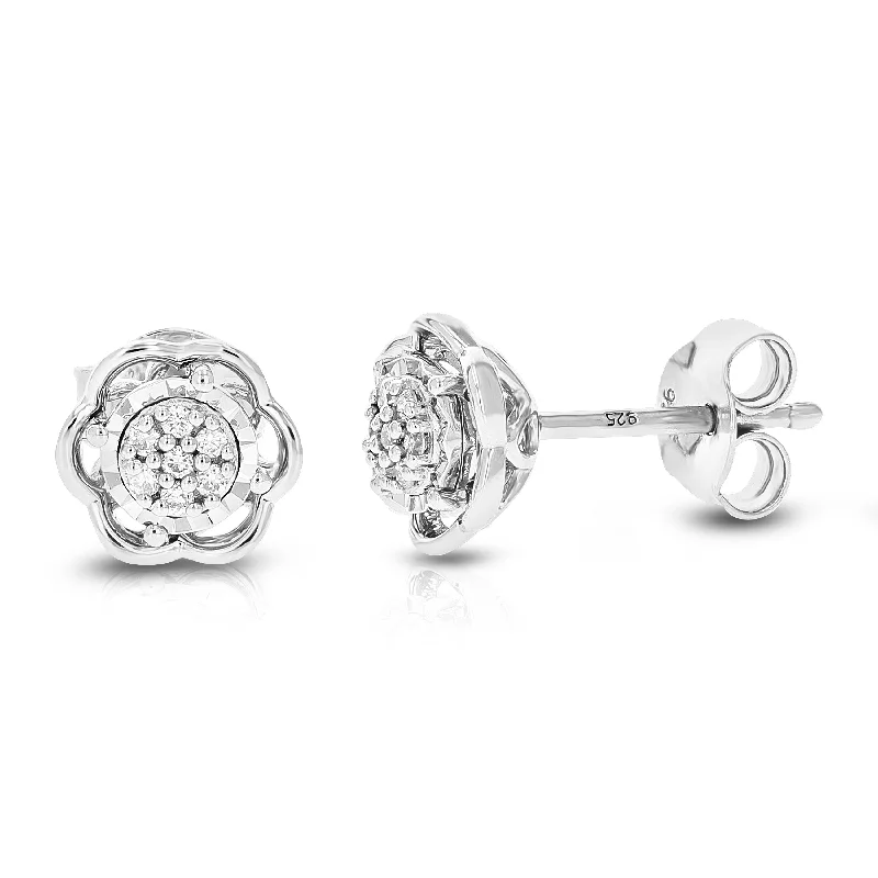 1/12 cttw 14 Stones Round Lab Grown Diamond Studs Earrings .925 Sterling Silver Prong Set Flower Shape