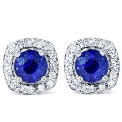 1 5/8ct Pave Halo Sapphire Diamond Studs 14K White Gold