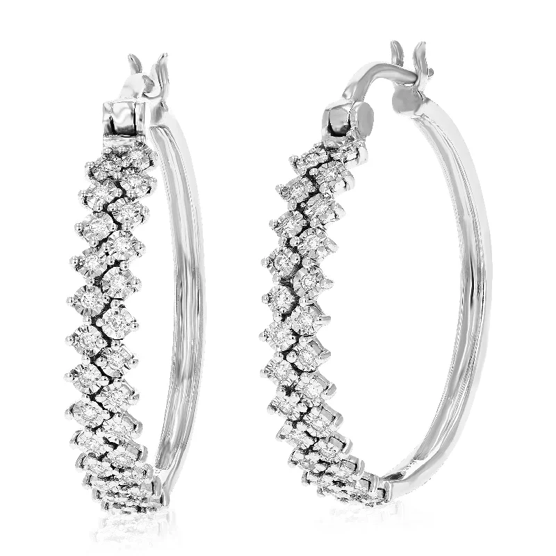 1/5 cttw 52 Stones Round Lab Grown Diamond Hoop Earrings .925 Sterling Silver Prong Set 1 Inch