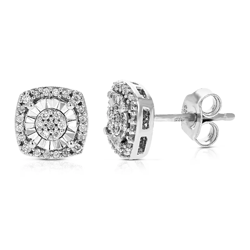 1/5 cttw Round Cut Lab Grown Diamond Earrings Square Studs In .925 Sterling Silver Prong Set