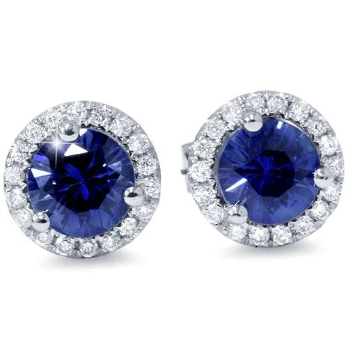 1 ct Blue Sapphire Diamond Halo Studs Earrings 10k White Gold