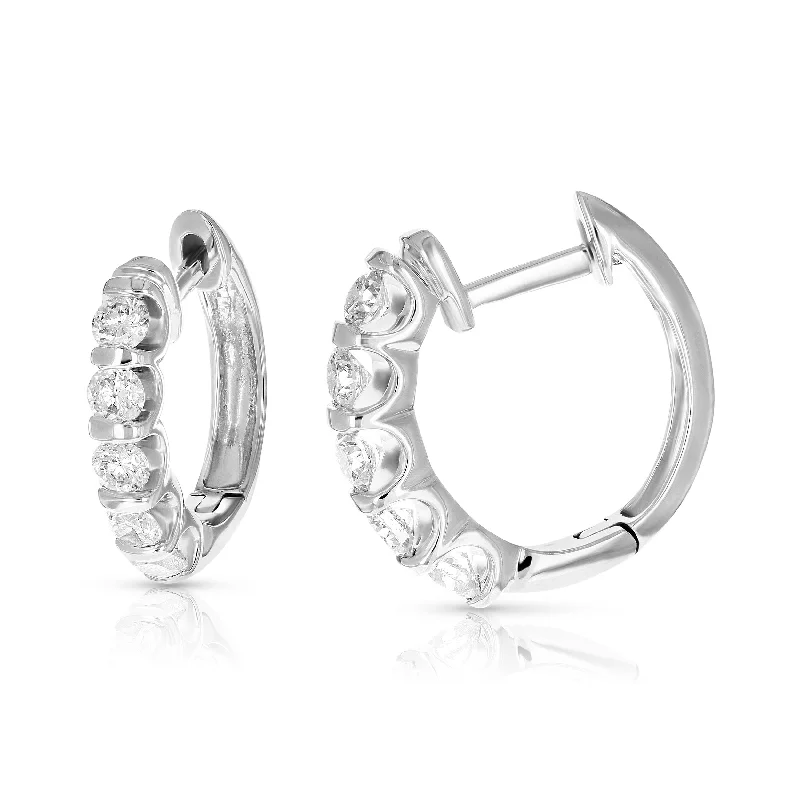 1 cttw Diamond Hoop Earrings 14K White Gold Channel Set 10 Stones 2/3 Inch