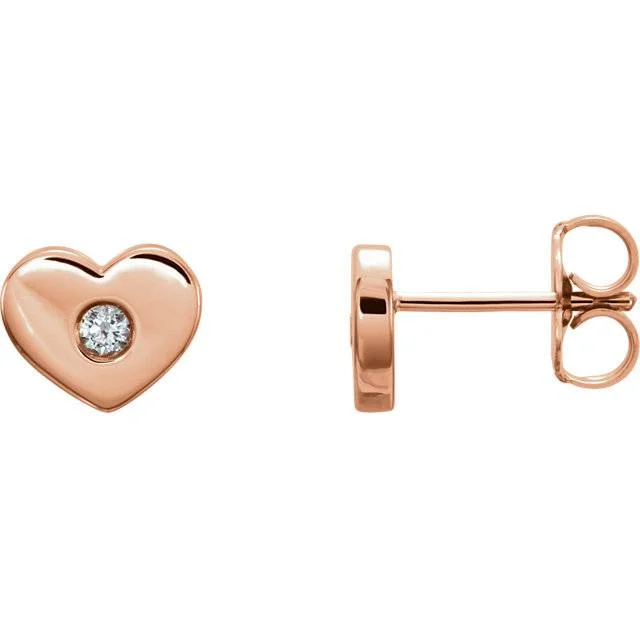 14K Rose Gold Diamond Solitaire Heart Studs High Polished 7mm