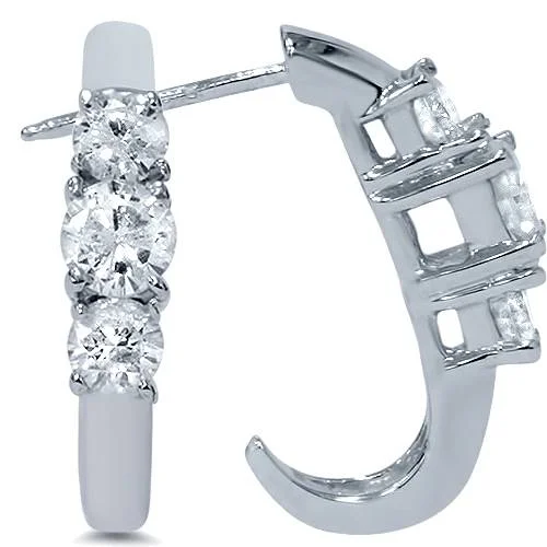 1ct Three Stone Diamond White Gold Earrings 14K