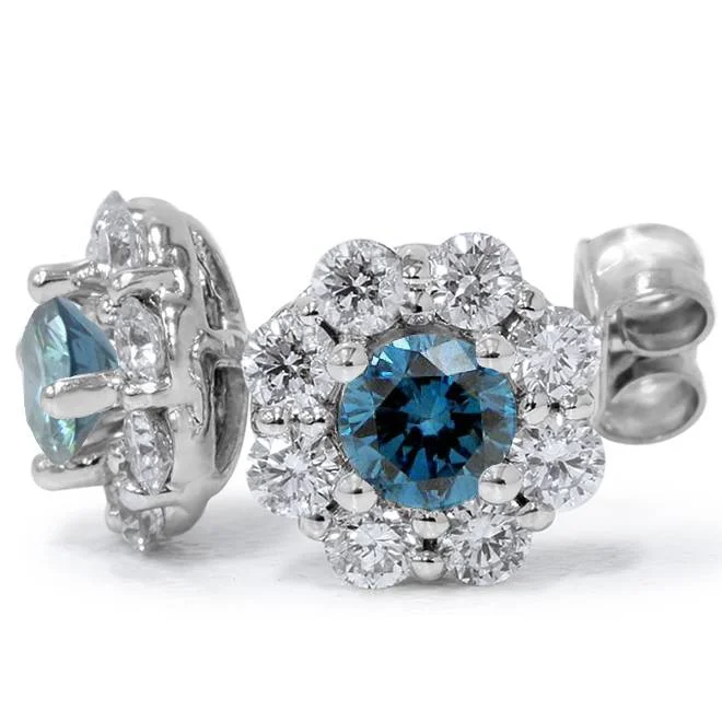 2 1/2ct Halo Fire Blue Diamond Studs 14K White Gold