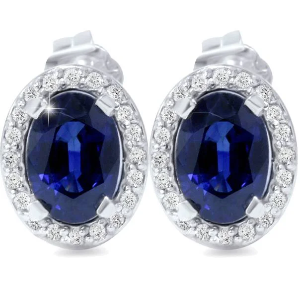 2 1/4ct Blue Sapphire Diamond Halo Studs 14K White Gold