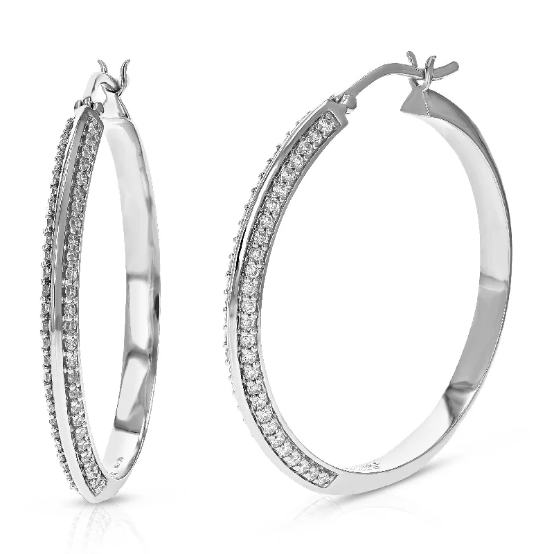 3/4 cttw 108 Stones Round Lab Grown Diamond Hoop Earrings .925 Sterling Silver Prong Set 1 1/4 Inch