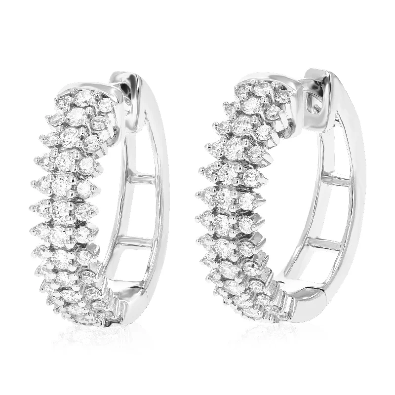 3/4 cttw 78 Stones Round Lab Grown Diamond Hoop Earrings .925 Sterling Silver Prong Set 3/4 Inch