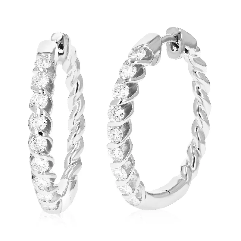 3/4 cttw Round Lab Grown Diamond Hoop Earrings .925 Sterling Silver Channel Set 1 Inch