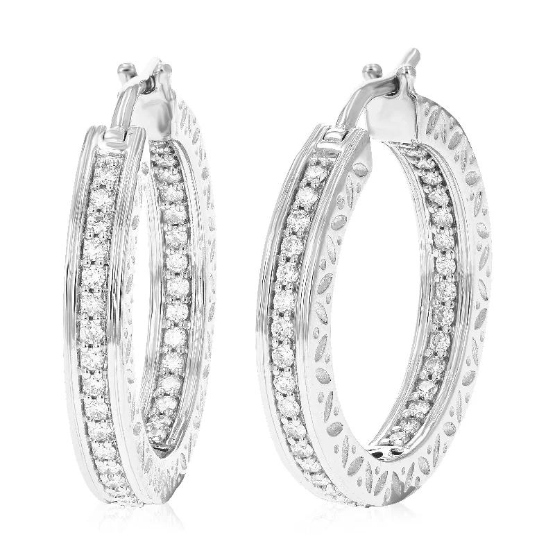 3/4 cttw Round Lab Grown Diamond Hoop Earrings .925 Sterling Silver Prong Set 1 Inch