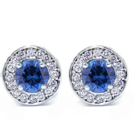 5/8ct Halo Diamond Blue Sapphire Studs 14K White Gold