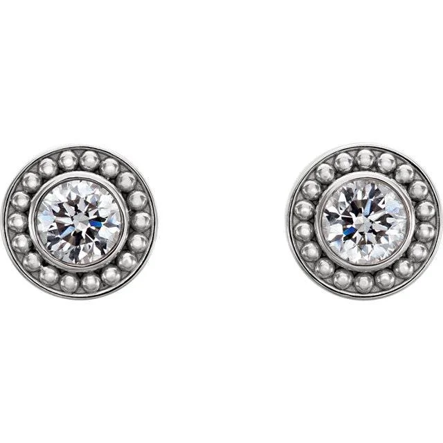 .55CT Diamond Bezel Studs Vintage Milgrain Accent 14K White Gold