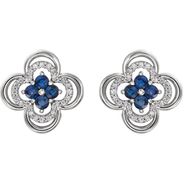 .70CT Diamond & Blue Sapphire Clover Studs Earrings 14K White Gold