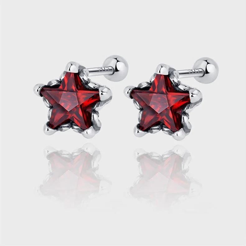 925 Silver Vintage Five Point Star Red Diamond Earrings