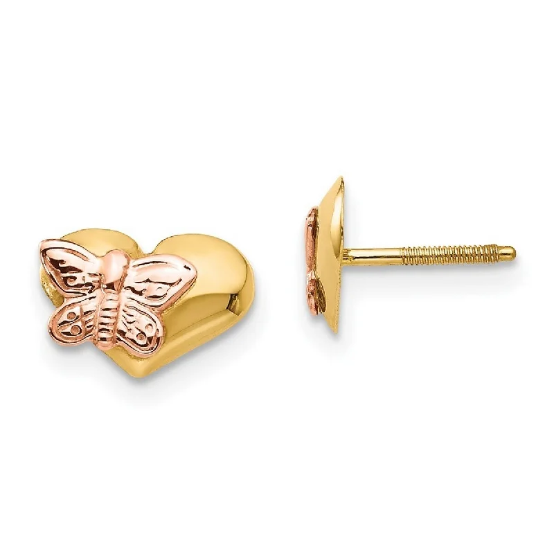 Curata 14k Yellow Gold Girls Satin Rose Butterfly Heart Screw back Earrings