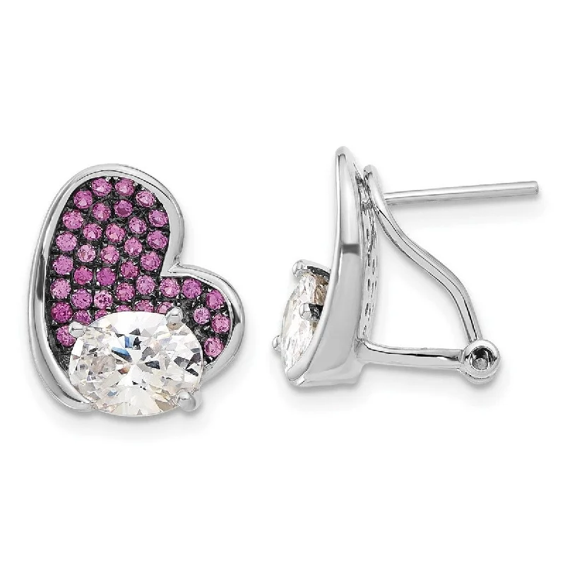 Curata 925 Sterling Silver Omega back and CZ Cubic Zirconia Simulated Diamond Brilliant Embers Pink Love Heart Post Earrings