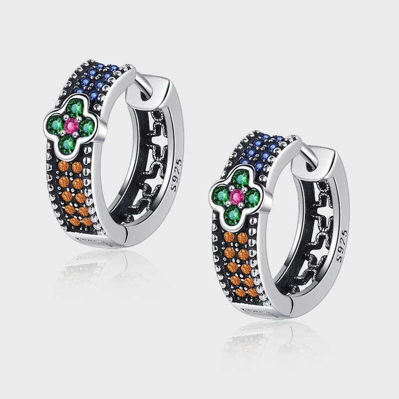 French Retro Style Four Leaf Colorful Diamond Earrings