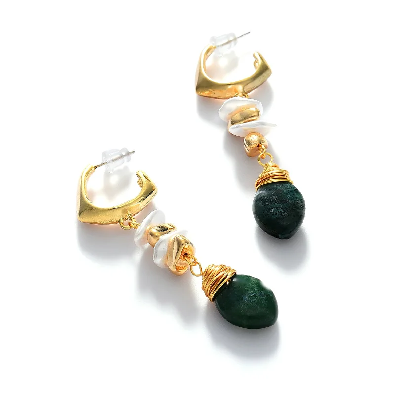 Green Color Gold Plated Pearl Beaded Drop Earring For Women's