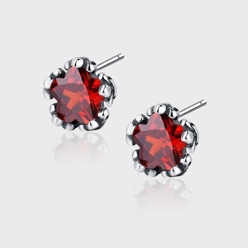 s925 Five Pointed Star Red Zircon Earrings